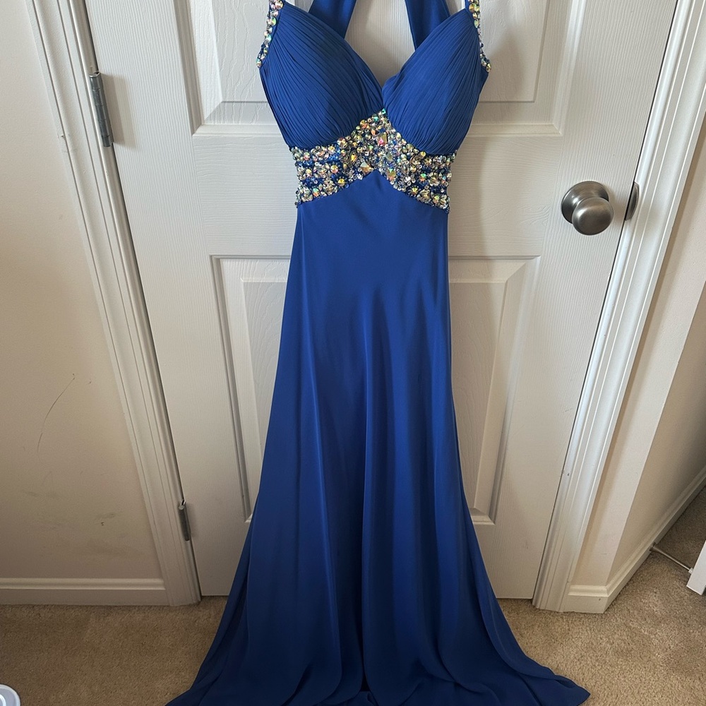 Faviana Blue Backless Embellished Gown with Halter Neckline for Prom